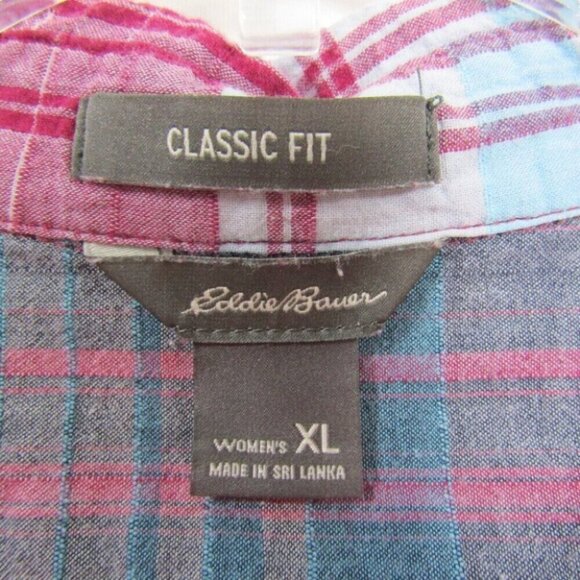 Eddie Bauer Red Blue Plaid Crinkle Button Up Top Womens Size XL Classic Fit - Picture 5 of 7